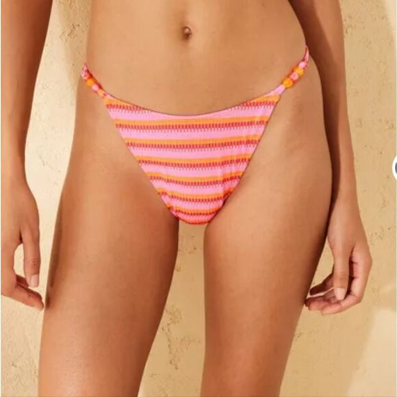🆕️👙Striped Pink and Orange Bikini Bottom With Bead Detail, Sz L - Picture 1 of 8